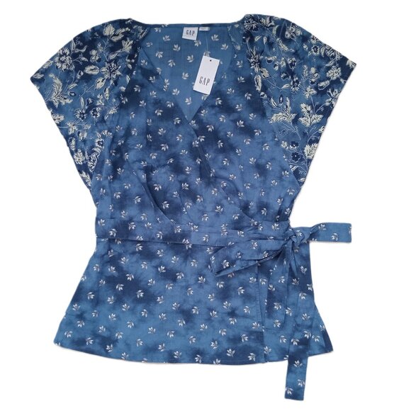 Gap Women's Wrap Top Blouse Cotton Semi Sheer Blue White Floral Cottage Size XS - Picture 1 of 7